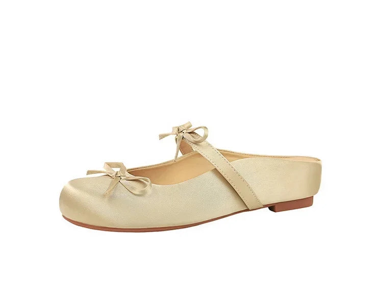 BIGTREE Satin Bow With One Strap With Shallow Mouth Half-Tugging Women's Hollow Inner Heightened Round-Head Sandals Comfortable