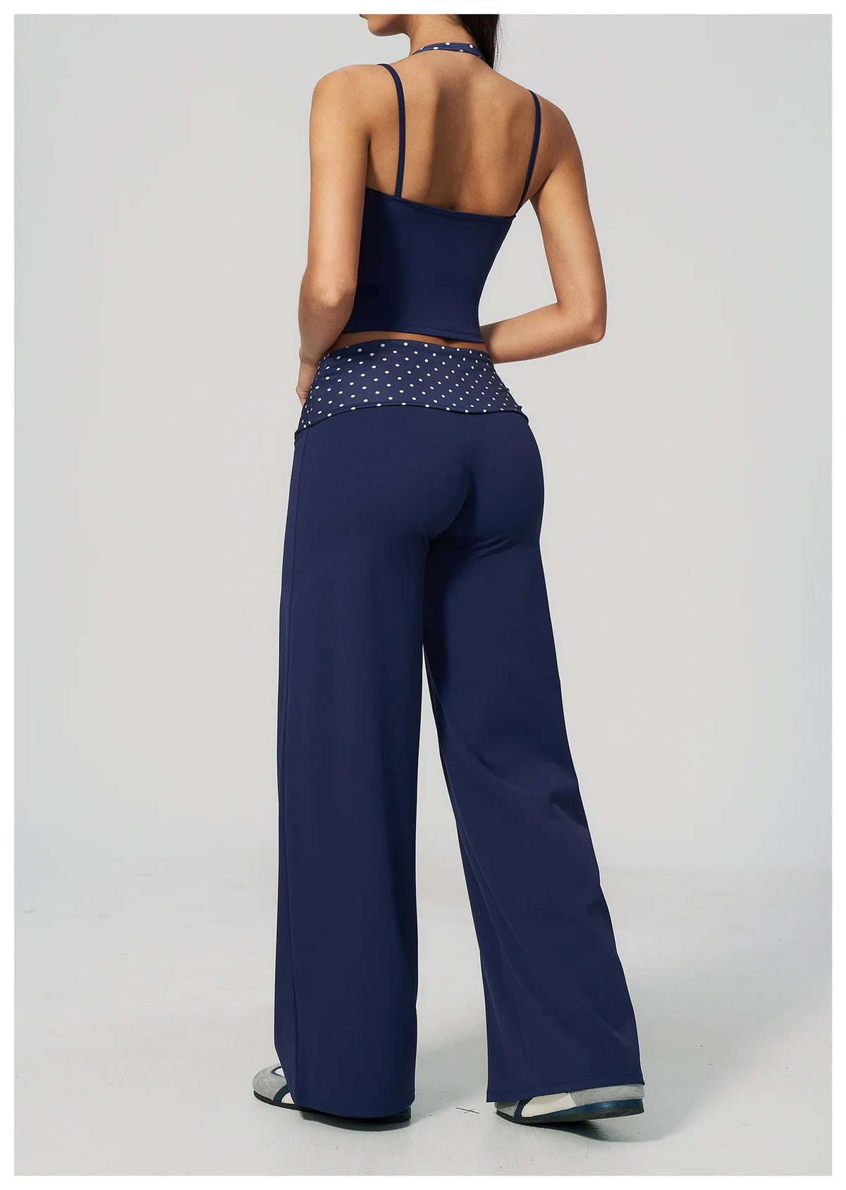 Women's 2 Piece Yoga Set Halter Neck Crop Top Fold Over Waist Wide Legged Flare Trousers Polka Dot Striped Gym Workout Running