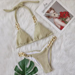 9 Colors Sexy Bikini Women Shining Fabric Golden Rhinestone Chain Swimwear Swimsuit Solid Halter Bikinis Set Bathing Suit Female