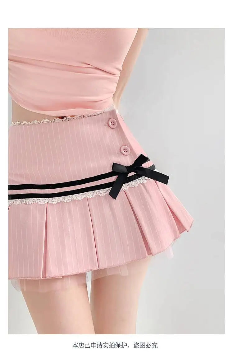 Striped Contrasting Color Bow Lace Splicing Pleated Skirt Women 2026 Summer American Style Low WaistA-line Short Skirt UBFK