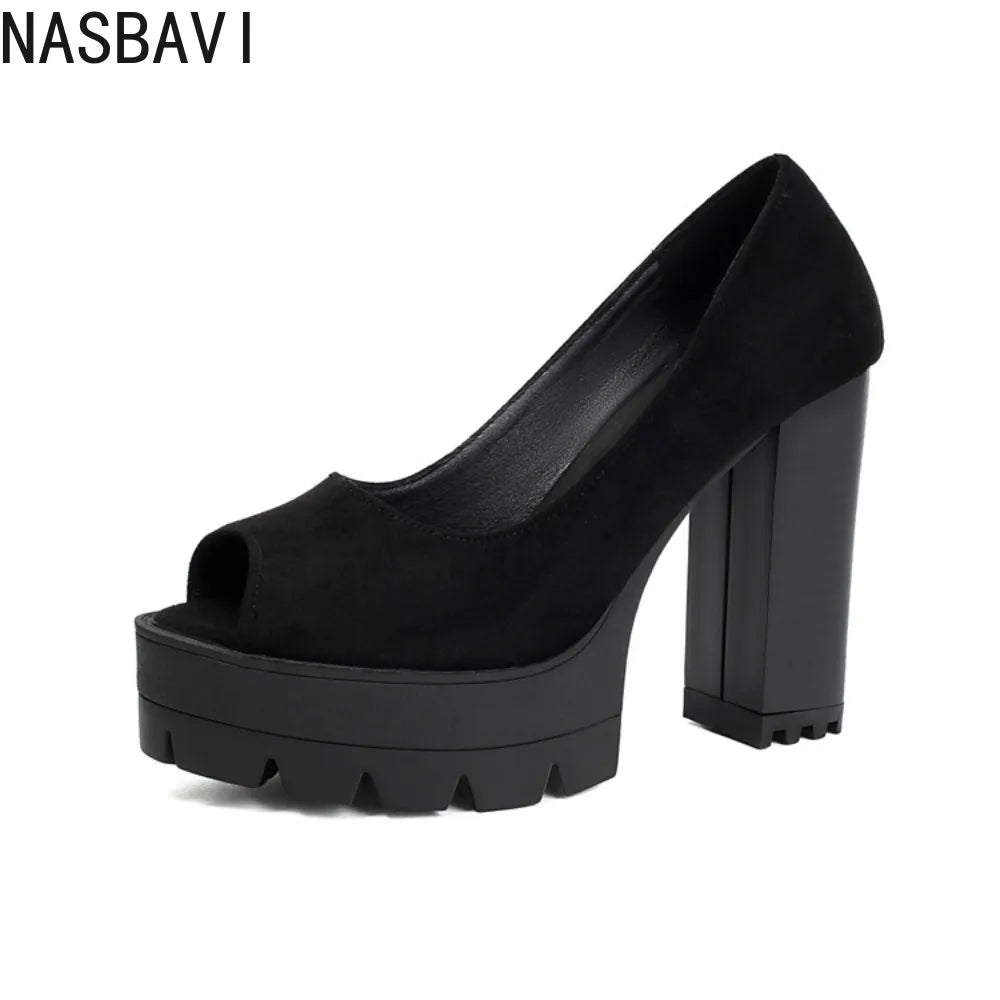 Ladies Vintage Flock Black Peep Toe Pumps Classic Summer Chunky High Heels Women Slip On Party OL Single Shoes Big size 36-46