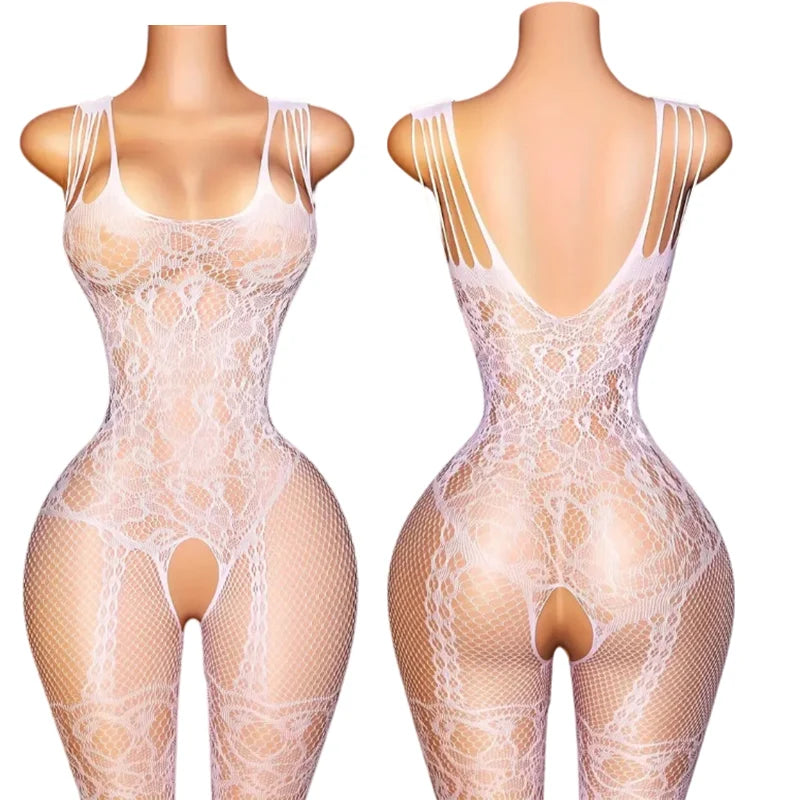 Transparent Fishnet Hollow Lingerie Set Women Hanging Neck Erotic Crotchless Bodystockings Open Bras BodySuits Hot Underwear Set