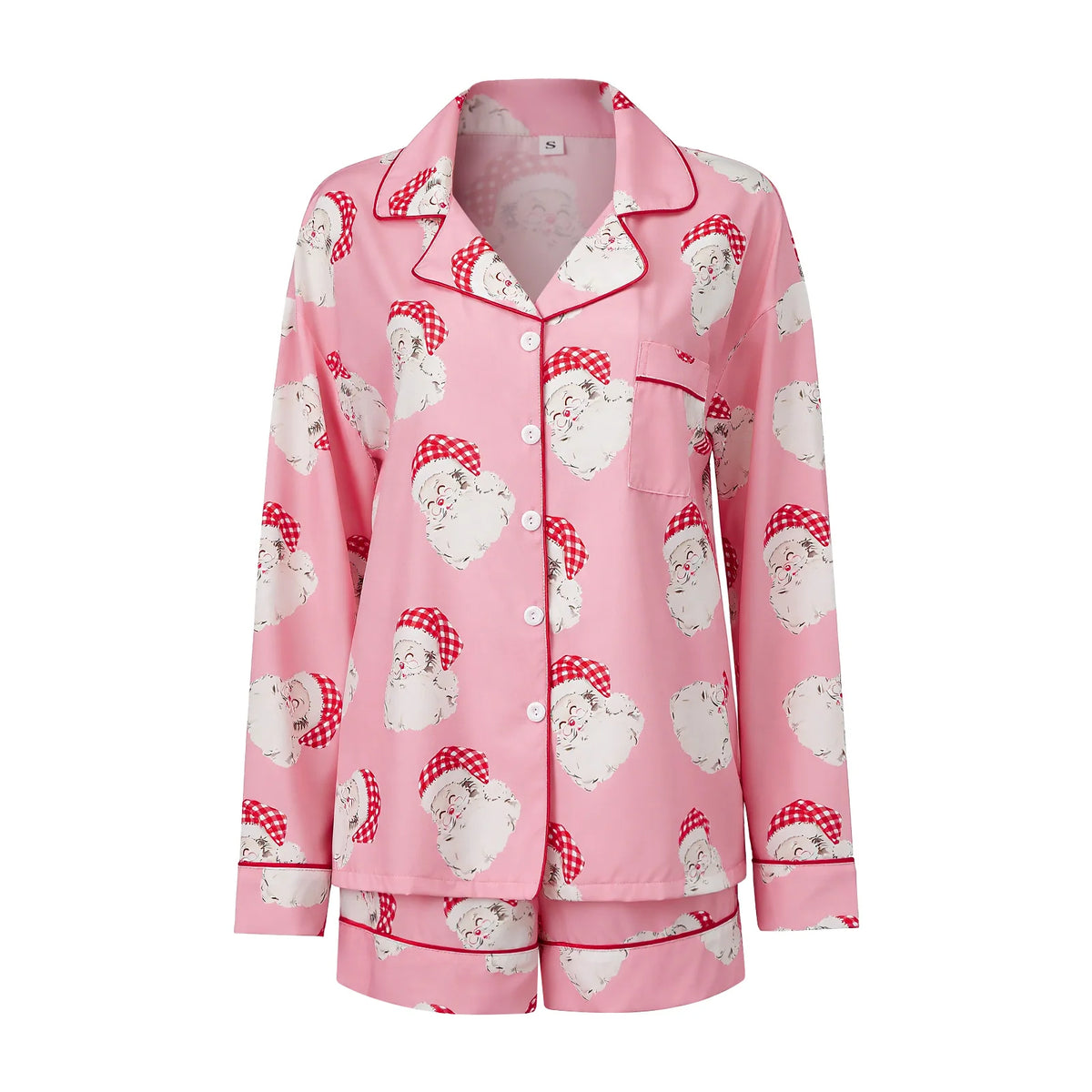 Women's Christmas Two Pieces Pajama Set Long Sleeve Lapel Santa Claus/Christmas Tree Print Shirt Shorts Loose Sleepwear