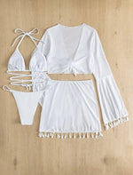 Sexy 4pcs Boho Tassels Trim Bikinis Sets Ladies Padded Bikini Set +cover Up Tops Skirts Beachwear Bathing Suit Biquini Monokini