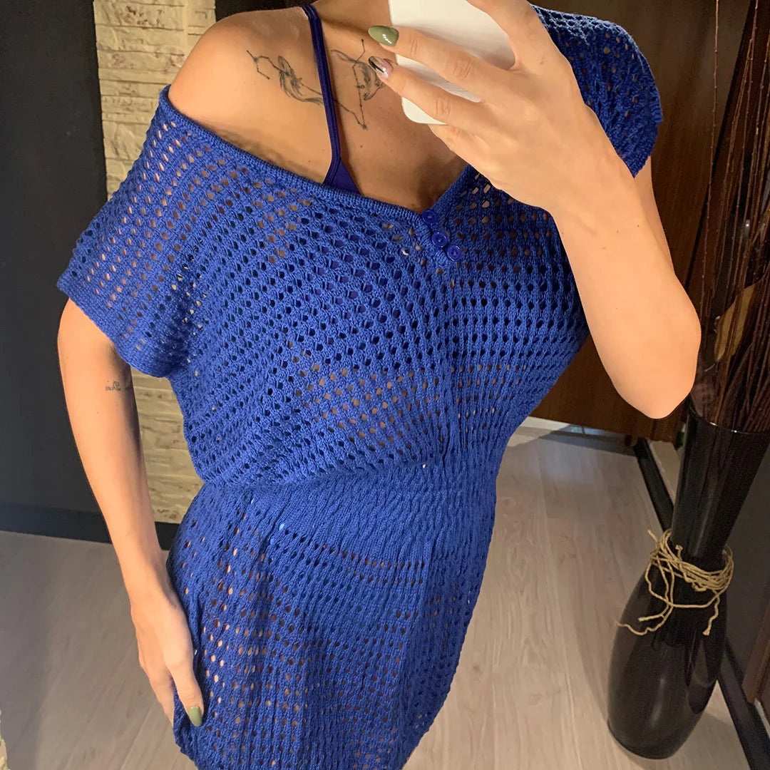 5 Colors New Crochet Knitted Beach Cover Up Dress Tunic Long Pareos Bikinis Cover Ups Swim Cover Up Robe Plage Beachwear V2053