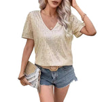 Shiny Sequins Tee Shirt Women T-shirt V-Neck Short Sleeve Loose Fit Summer Sexy Tops Holidays Parties Wear