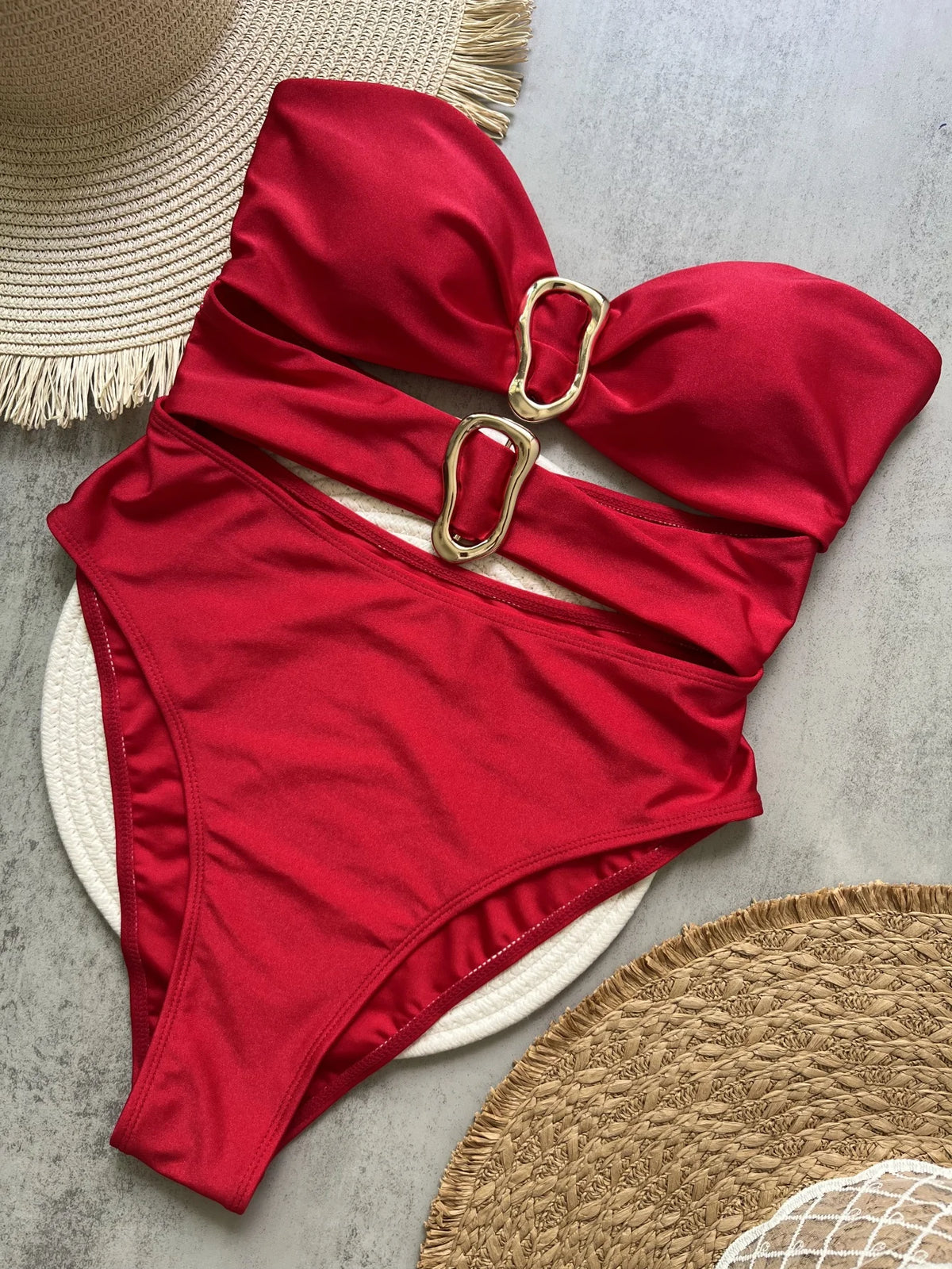 6 Colors Sexy Metal Rings Cut Out Women Swimwear One Piece Swimsuit Female Bandeau High Leg Cut Bather Bathing Suit Swim B027D