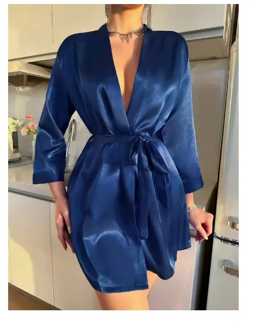 Pajamas women summer European and American ladies lace-up bathrobe sexy morning gown home dress can wear ice silk robe