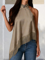 Women's Summer Solid Color Satin Halter Mock Neck Tops Sleeveless Tassel Hem Loose Fit Tank Tops