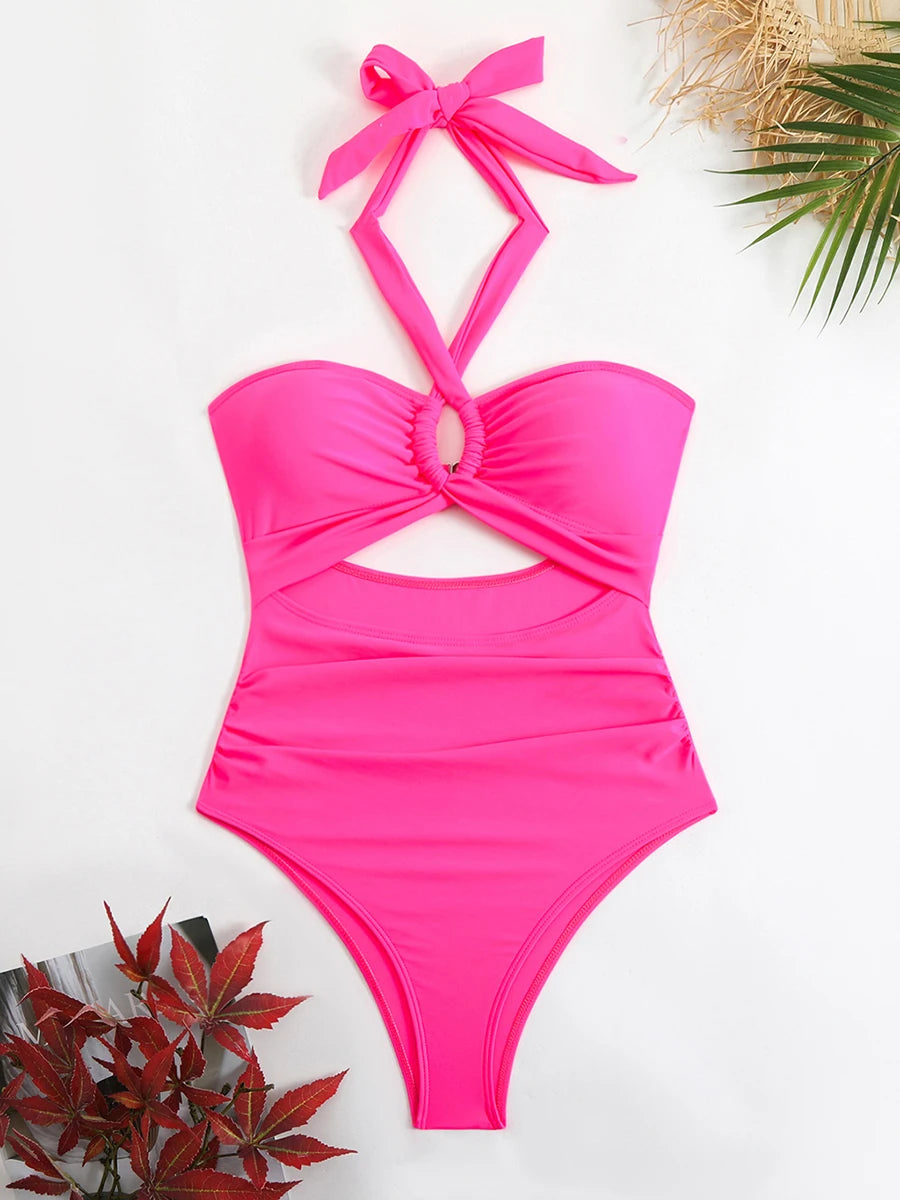 2026 Sexy Padded Swimsuit Women One Piece Halter Hollow Swimwear Female Solid Bathers Bathing Swimming Swim Suit Beachwear