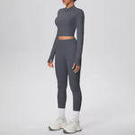 New Women Yoga Set Solid Color Double-Sided Brushed Bare Feel Short Long-Sleeve Jacket Tight Pants Running Fitness 2-Piece Set
