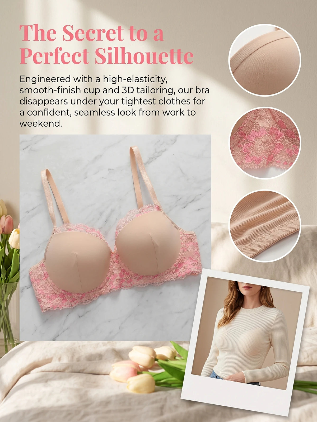 Women's Push Up Bra Set with Eyelash Lace Set Trim High Elasticity Smooth Cup 3D Tailoring Invisible Underwear Set B2631