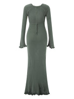 Women's Autumn Winter Knitted Bodycon Dress Long Sleeve Tie Backless Round Neck Solid Color Ruffle Trim Long Dress Beachwear