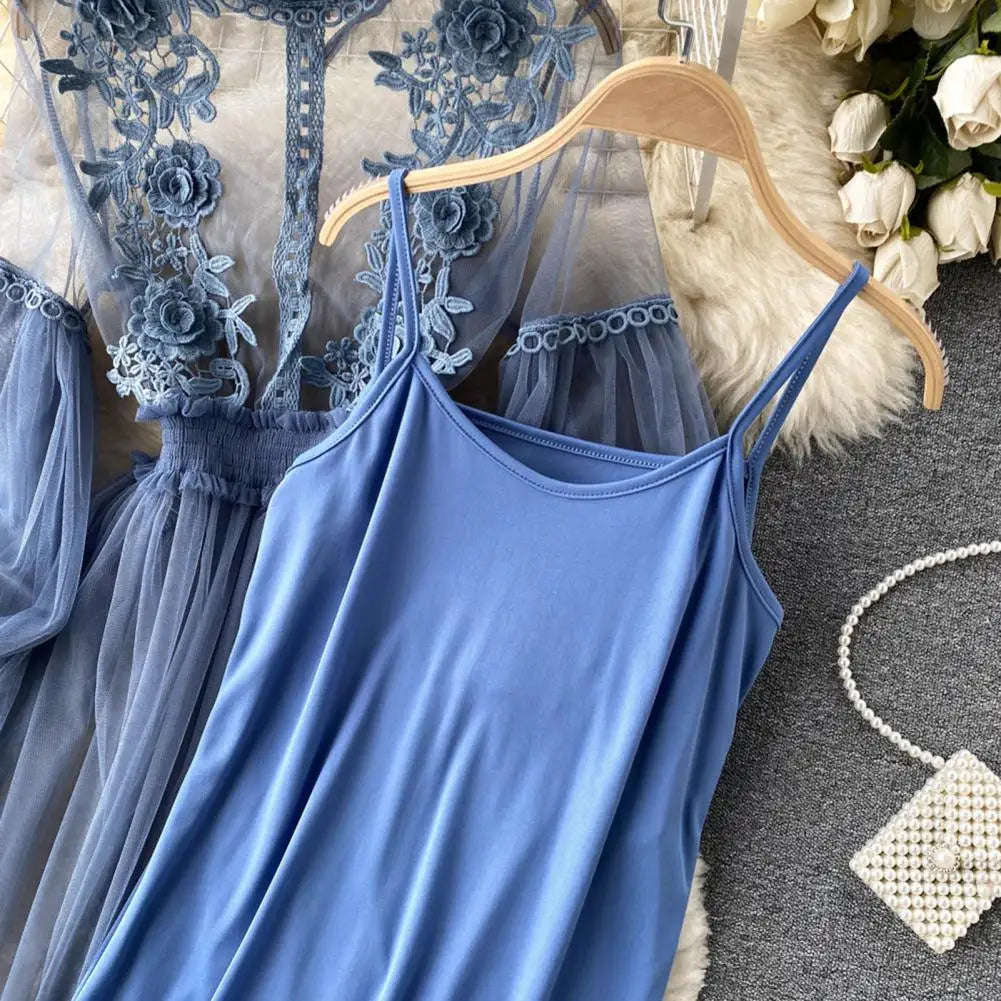 2 Pcs/Set Women Dress Suit Floral Embroidery See-through Lace Lantern Sleeves Pleated A-line Elastic Waist Dress Slip Dress Suit