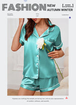 Women's Sleepwear Silk Satin Pajamas Set Button-Down Pyjama Shorts Suit Pijama Femme Loungewear Pj Sets Solid Color Home Clothes
