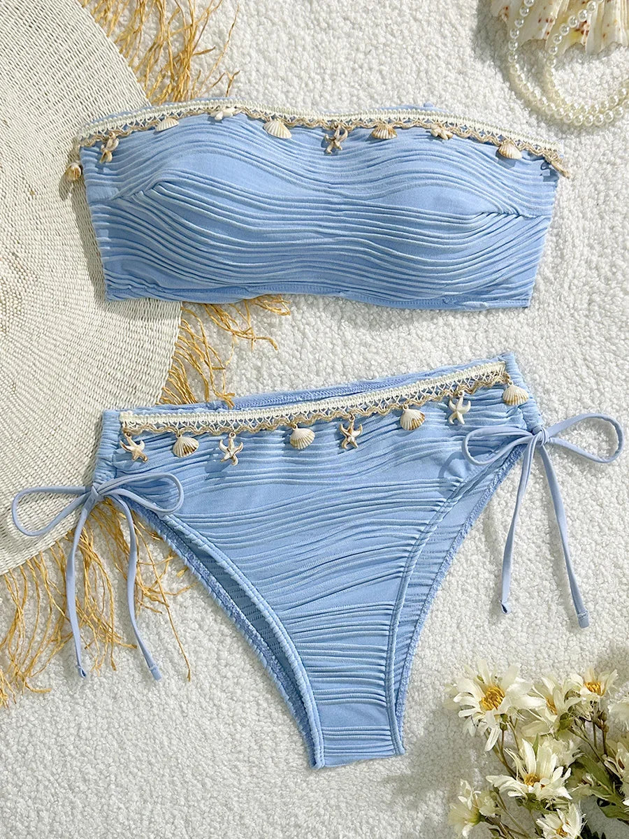 XS - XL Wrinkled Shells Bandeau Bikini Women Swimwear Female Swimsuit Two-pieces Bikini Set Bather Bathing Suit Swim Beachwear
