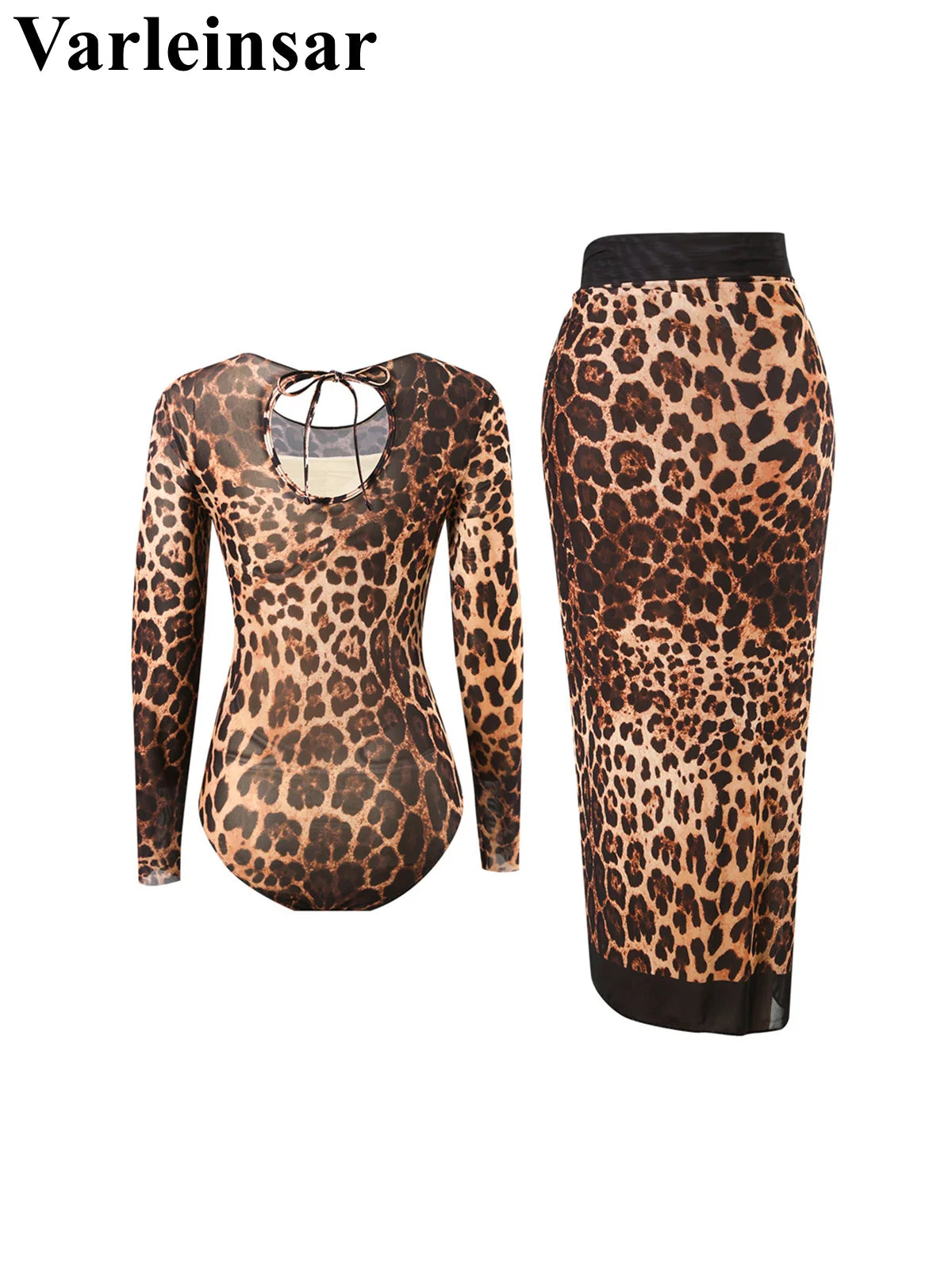 S - XXL 2026 Leopard With Skirt Long Sleeve One Piece Swimsuit Women Swimwear Female High Cut Leg Bather Bathing Suit Swim V7352