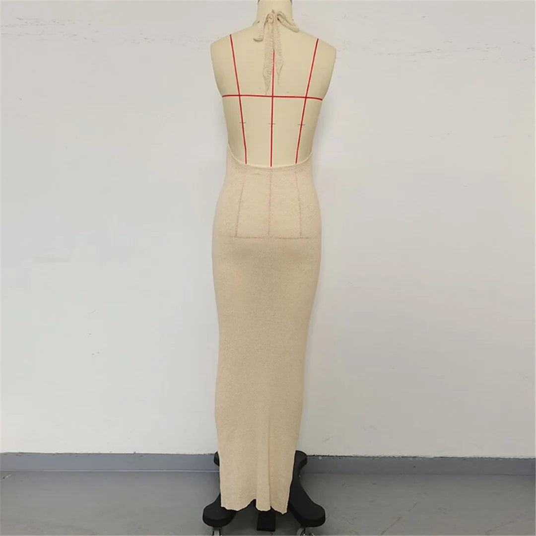 2026 Halter Cut Out Backless Crochet Knitted Tunic Beach Cover Up Cover-ups Beach Dress Beach Wear Beachwear Female Women V6469