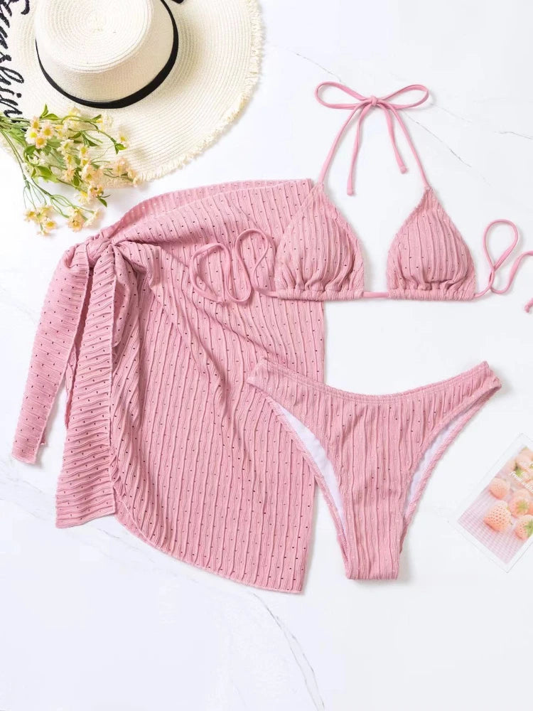 2026 New 3 Pieces Set Swimsuit Women Thong Swimwear Sexy Micro Bikini Set With Sarong Skirt White Beachwear Bathing Suit Pink
