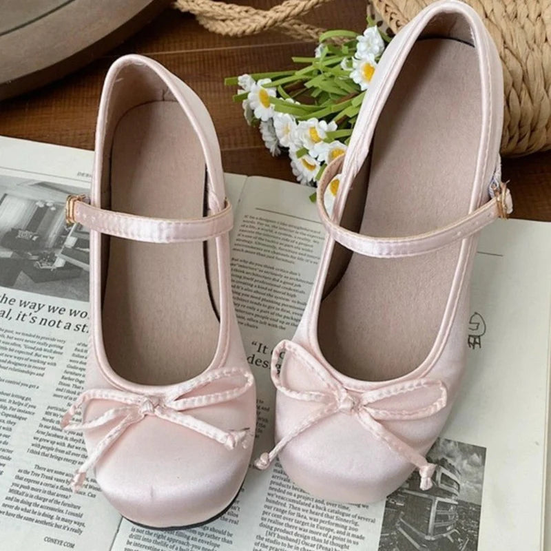 2025 spring cute sweet Bowknot Mary Janes for Womenvintage Silk Med Heelspumps LadiesBanquet Wedding Single Shoes Mujer
