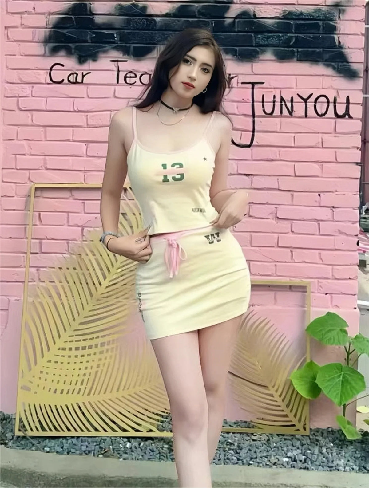 Hot Girl Two-piece Suit Printed Slimming Suspender Low Waist Drawstring Short Skirt Suit