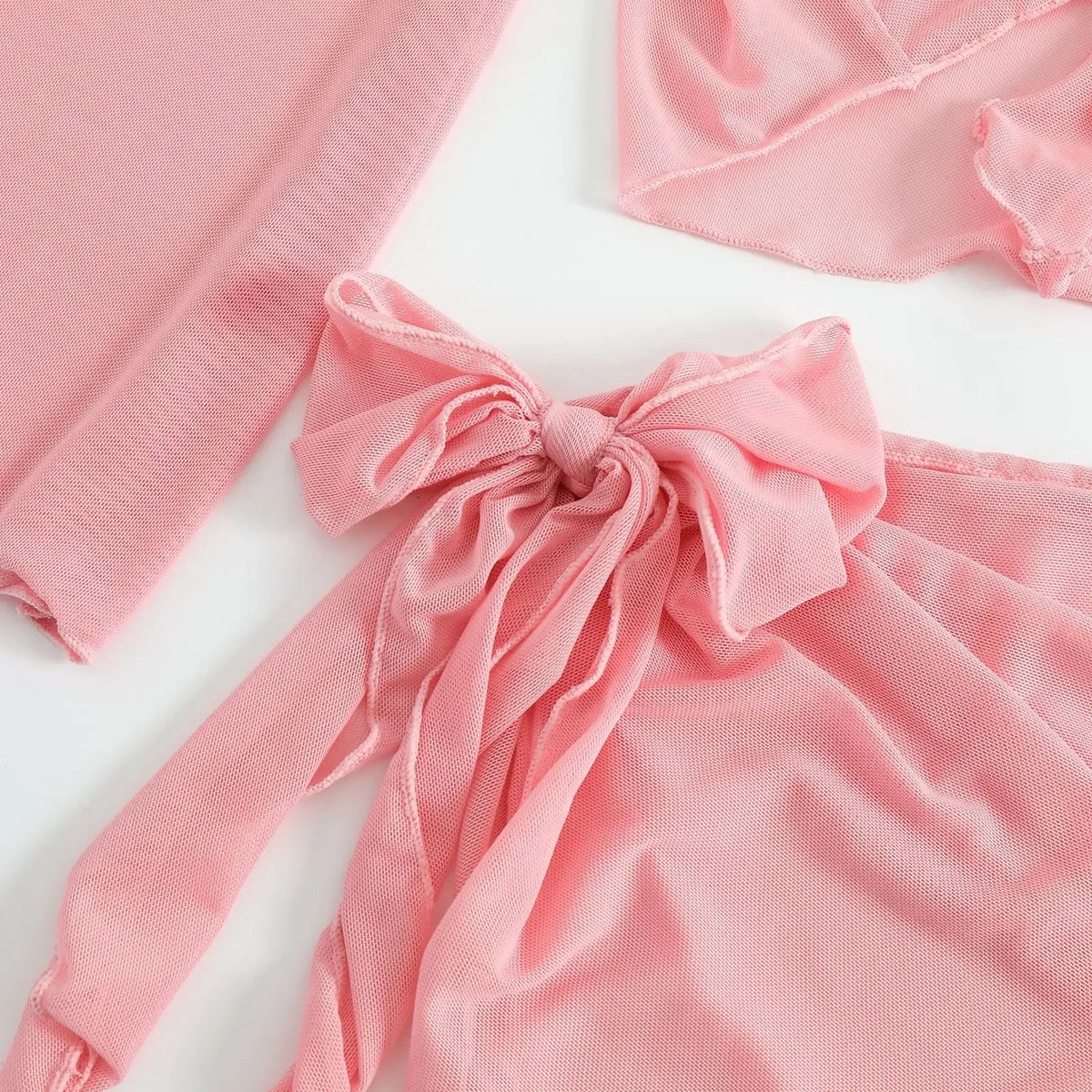 Women Pink Micro Mini String Bikini Sets 4 Pieces with Mesh Cover Tops and Skirt Swimsuit Bathing Suit Beach Outfits Biquini