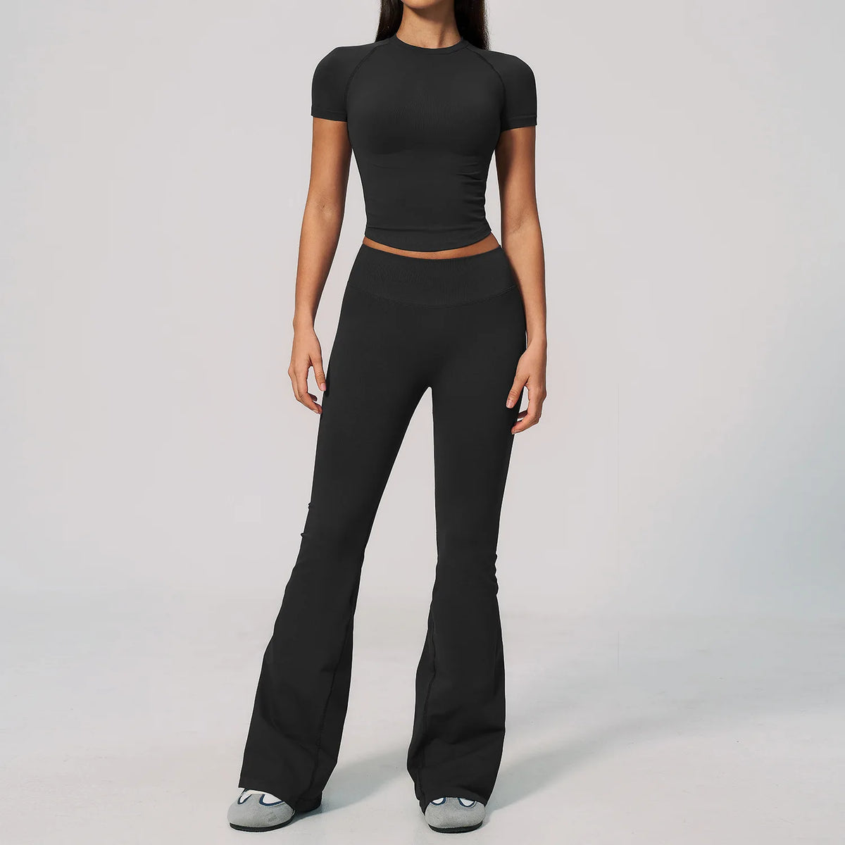 Seamless High Elasticity Yoga Sets Women Short Sleeve O Neck Sports T Shirts Workout Outfits Running Wide Leg Pants Fitness Suit