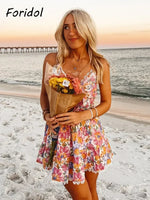 V Neck Bowknot Floral Print Boho Summer New Dress for Women Adjustable Strap Lace Patchwork Sundress Beach Casual Short Dress
