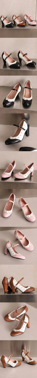 2026 Plus Size 48 Vintage Brown 7.5cm High Heels Mary Janes Pumps Retro Comfy Walk Summer Pink Office Lady Brogue Shoes Women