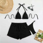 Sexy Purple Thong Bikini with Shorts Women Three Pieces Swimsuit Brazilian Swimwear Female Beachwear Halter Bathing Suit Outfit