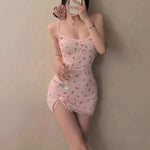 Women's Nightdress Cute Fitted Mini Nightgown Lace Trim Detail Spaghetti Straps Pink Cherry Print Dress Summer Sleepwear