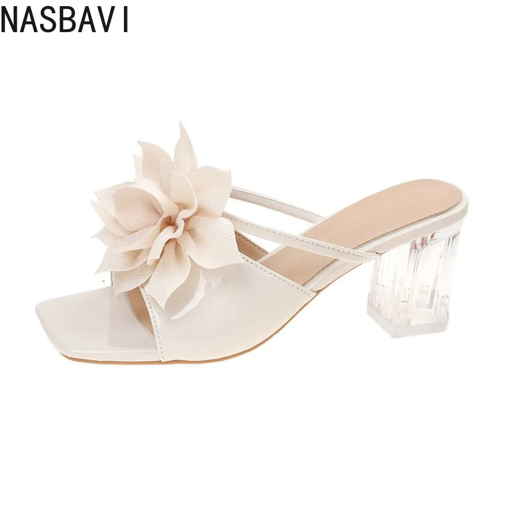 SummerFresh Square Toe Open Toe Flower Slippers Women's Bow Temperament Non-Slip High Heel Beach Sandals Green Beige 35-43 New