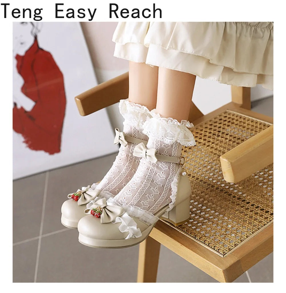 Women's White Pink Bowknot Single Sandals Ruffles High Heels Girls Student Mary Janes Lolita Party Dress Shoes Size 32-48 French