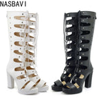 2026 New Women Open Toe Cross-tied Knee Boots Summer Platform Sandal High Heel Pumps Lace Up Female Motorcycle Booties White 43