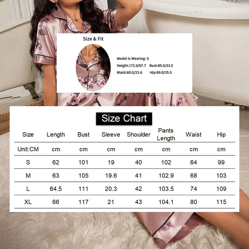 Women's Pajamas Elegant Satin Sleepwear Pj Set Flower Print Short Sleeve Buttons Lapel Tops & Long Pants Nightwear Home Clothes