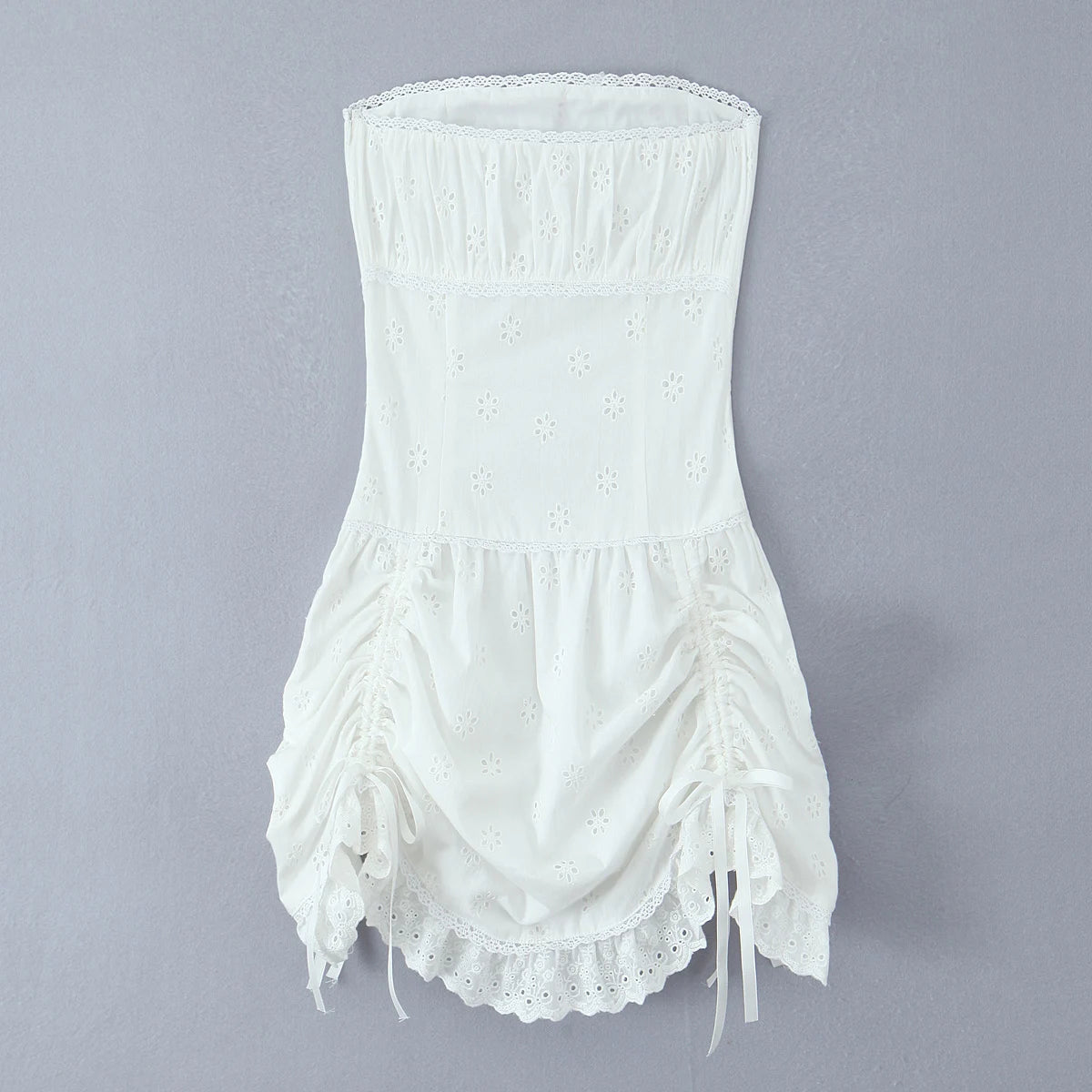 Foridol White Cotton Summer Women's Dress 2025 Off Shoulder Strapless Mini Beach Dress Casual Flower Embroidery Drawstring Dress