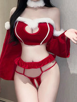 Cute Bunny Santa Christmas Costume Velvet Ruffle Mini Dress Rabbit Headband Bow Tie Xmas Holiday Cosplay Fancy Outfit For Ladies