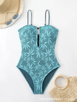 Vintage Coffee Leaves Print One Piece Swimsuit 2026 Women Beaded String Hollow Out Backless Mesh Slim Fit Tummy Control Swimwear