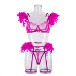 Toucheart 4 Piece Set Fun Lingerie For Women Feather Lace Splicing Chain Sexy Slim Mesh See-Through Sexy Lingerie Garters Suit