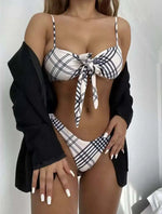 2026 New Vintage Plaid Print 2 Piece Swimsuit for Women Knot Lace-up Push Up Suspender Backless Bikini Set Beach Bathing Suit