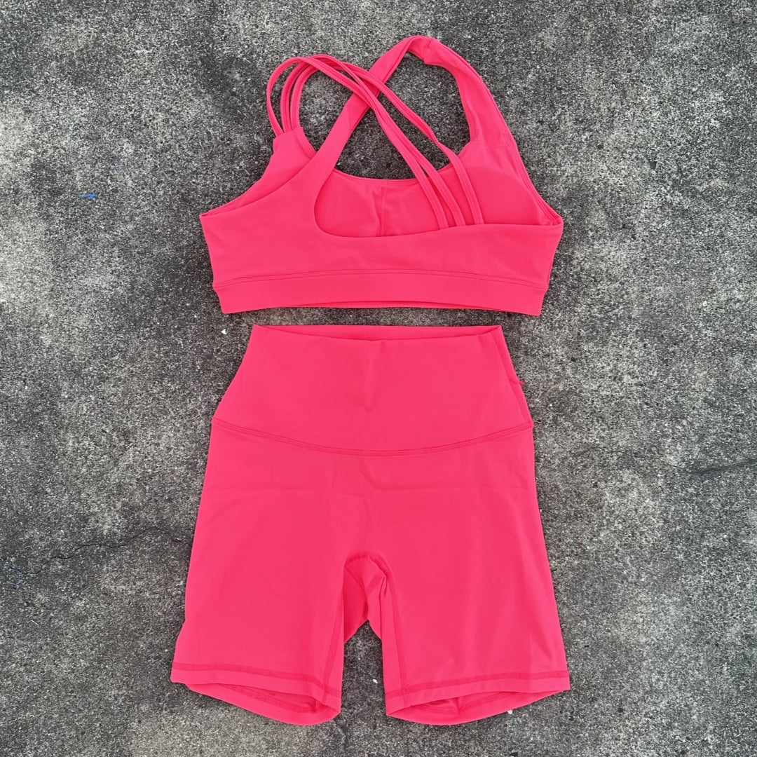 Solid Color Soft Tight Women Gym Yoga Short Legging Cycling Set High Impact Cross Back Shoulder Strap Fitness Sports Bra Workout