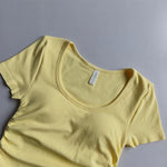 Big round Neck Yoga T-Shirt Short-Sleeved Slimming Sports Top with Fixed Chest Cushion for Running Pilates Summer Stretch