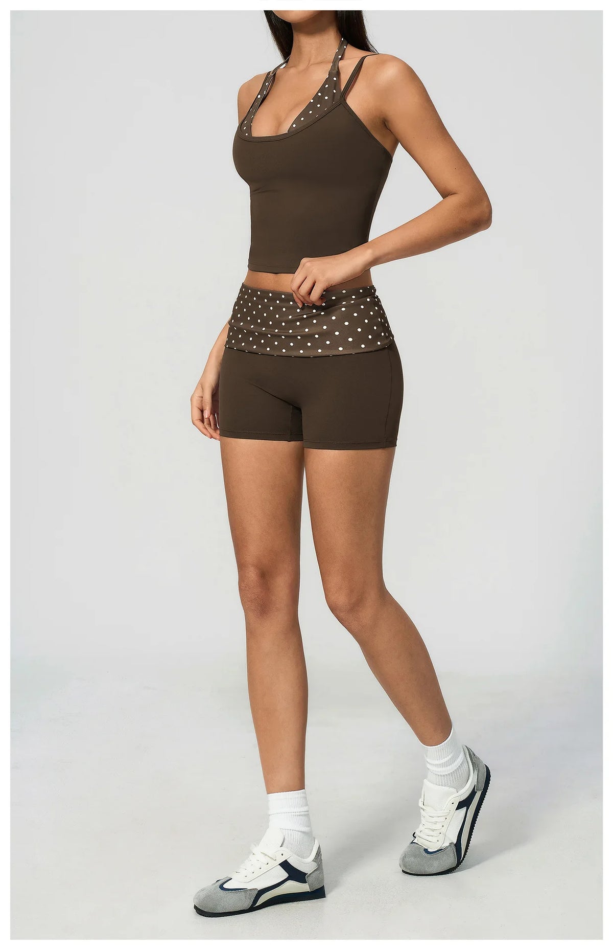 Quick Drying Polka Dot Patchwork Yoga Sets Women Hanging Neck Slim Shockproof Sports Tank Top Gym High Waist Shorts Fitnss Suit