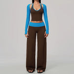 Women 2/3Piece Yoga Set Fitness Suit Gym Clothing Workout Tracksuit Sportswear Colorblock Halter Long Sleeve Top Wide Leg Pants