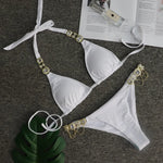 Luxury Rhinestone Bikini Women 2025 Sexy Orange Yellow Crystal Diamond Push Up Thong Swimsuit Beach Bathing Suit Tanga Swimwear
