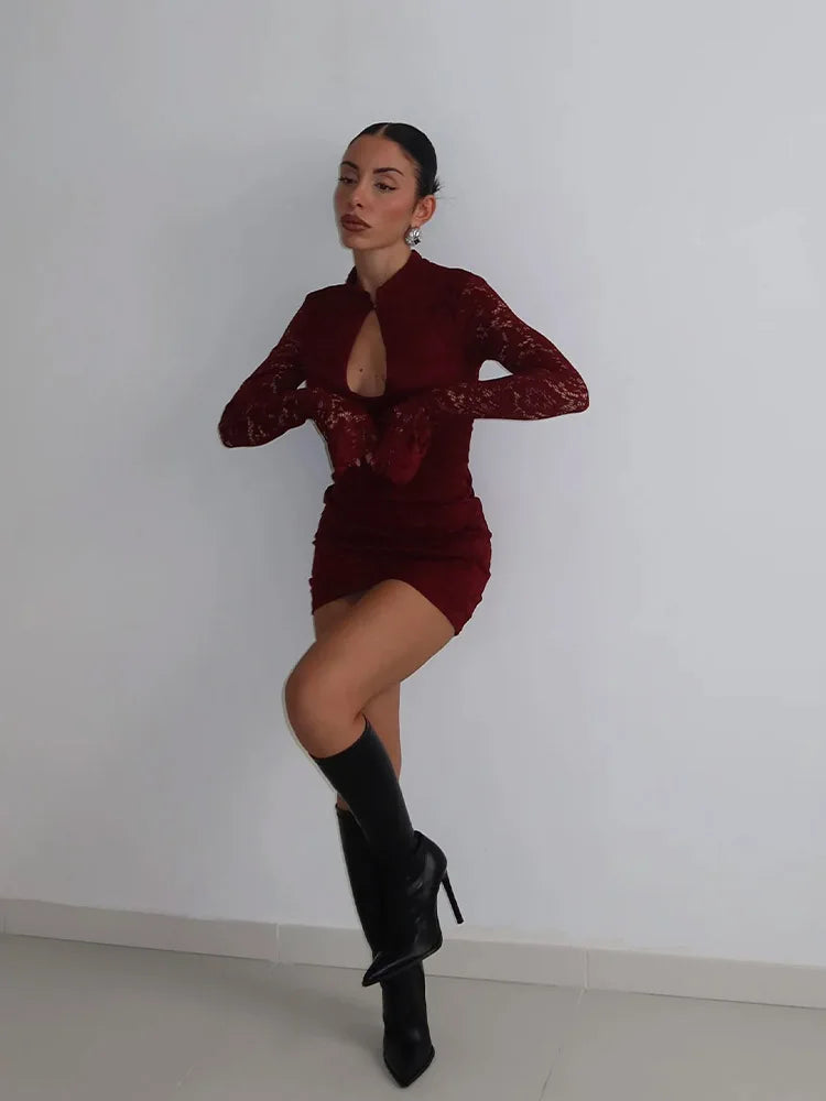 Ahagaga Sexy Lace Women's Mini Dresses Solid Sheer Hollow Out Turtleneck Long Flare Sleeves Sheath Bodycon Streetwear Vestidos
