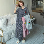 Women Summer Nightdress Short Sleeve Loose Breathable Comfortable Sleeping Polyester Stripes Print Night Robe Women Clothing