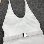 V Neck Ribbed High Cut Women Swimwear One Piece Swimsuit Female Backless Monokini with Waist Belt Bathing Suit Swim Beachwear