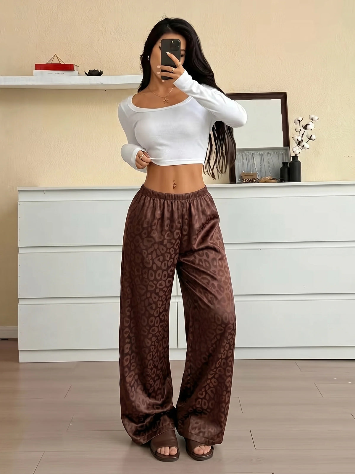2026 Women Brown Satin Leopard Print Pajamas Pants Elastic Waist Loose Trousers Vintage Casual Pants Leisure Home Clothing