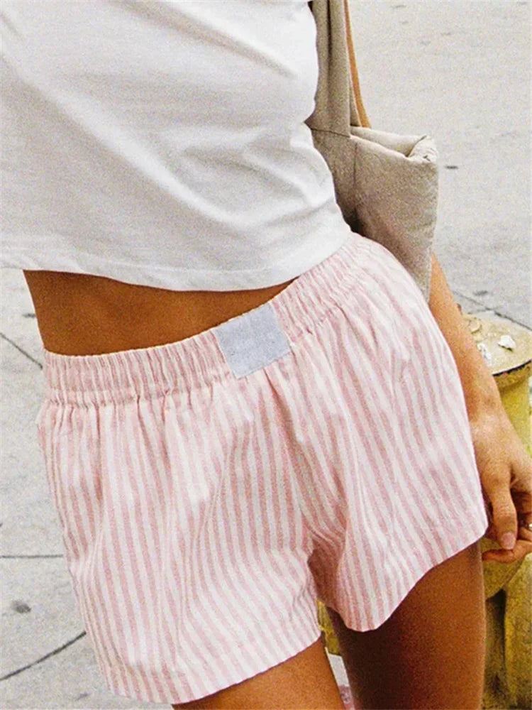 Women Striped Casual Shorts Elastic Waist Wide Leg Short Pants Summer Streetwear for Daily Date